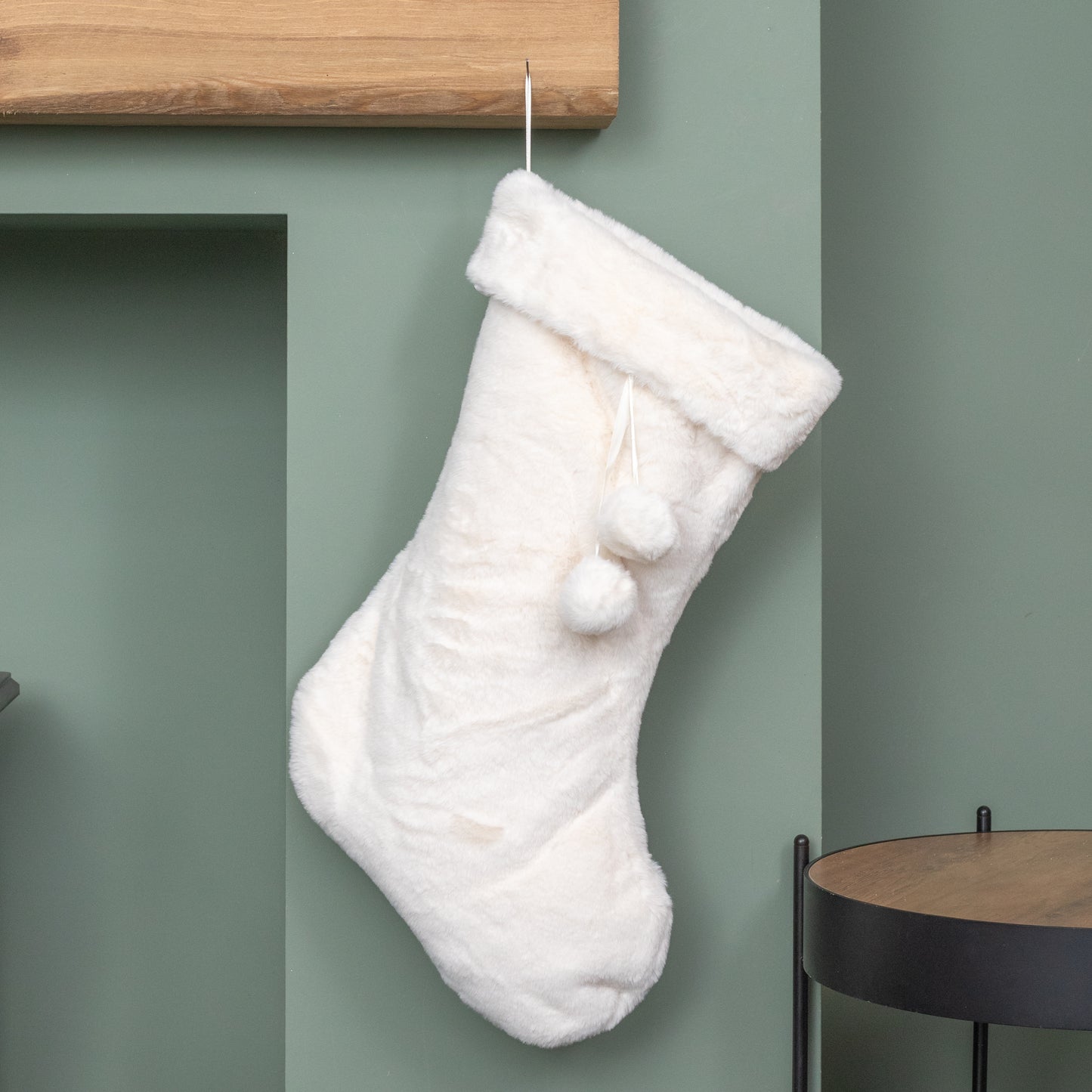 50cm White Winter Faux Fur Hanging Christmas Stocking with Pom Poms