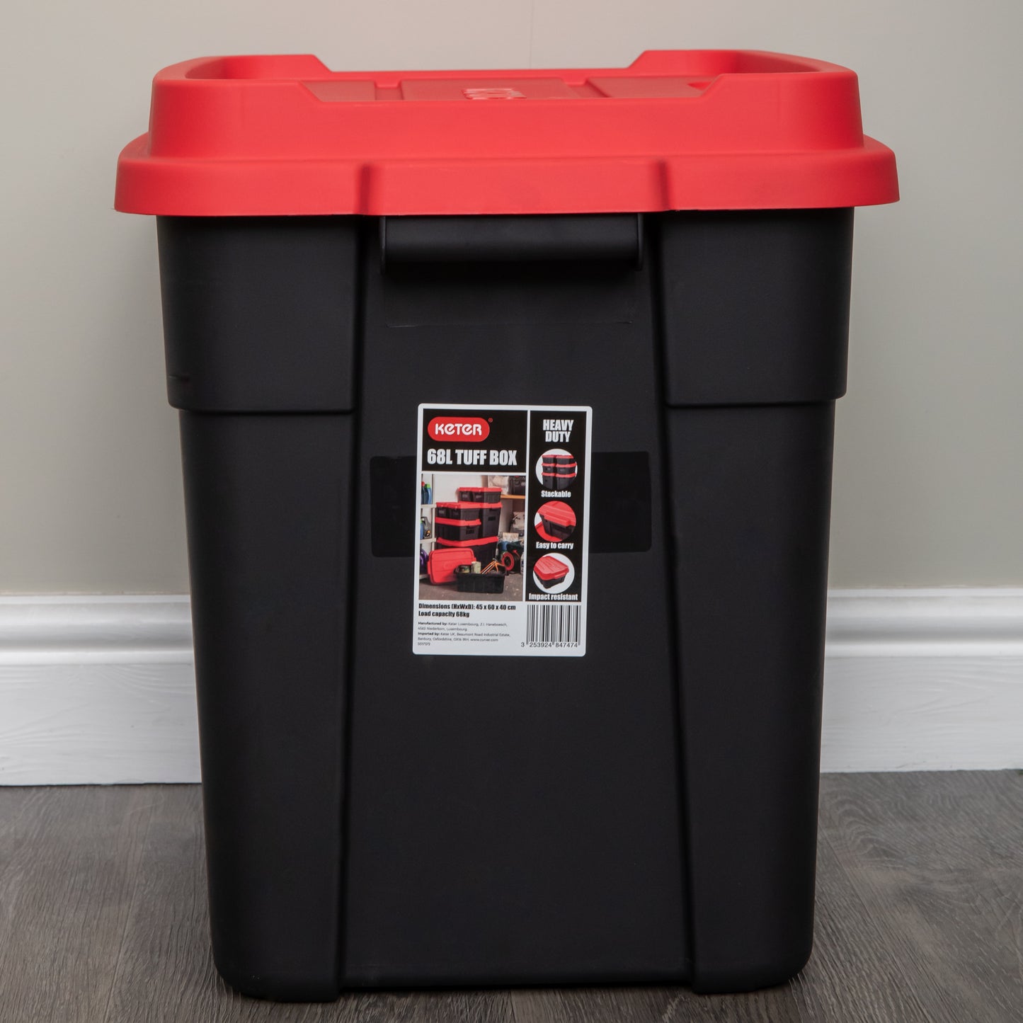 37L Black and Red Tuff Stackable Storage Box with Lid and Carry Handles