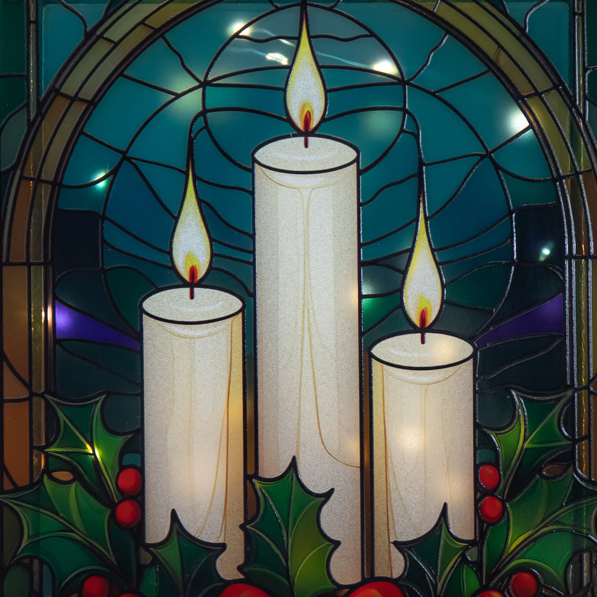 21cm Battery Operated Light up Stained Glass Christmas Decoration with Candles, Holly & Berries with Warm White LEDs