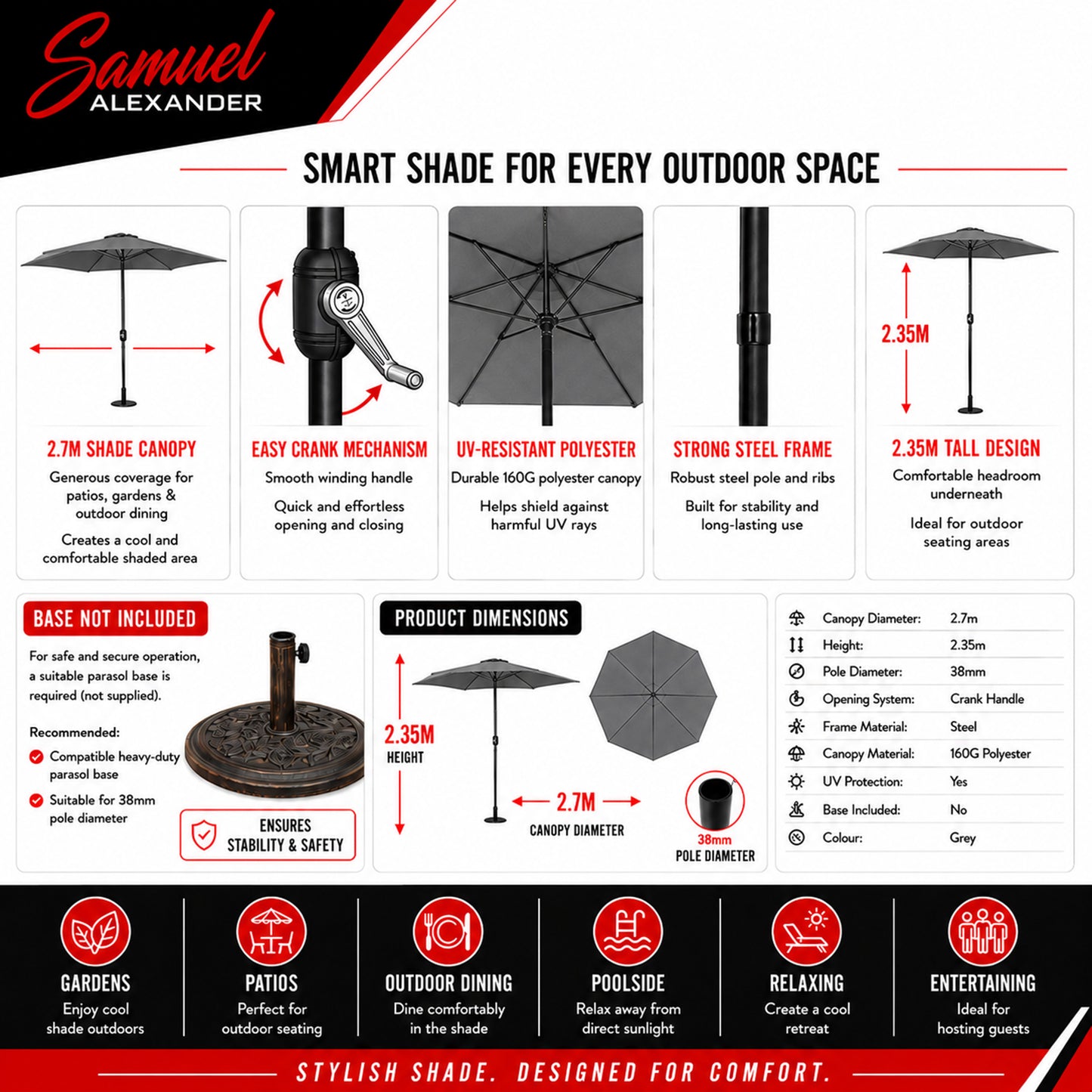 Samuel Alexander 2.7m Havana Garden Patio Parasol with Crank Handle in Grey