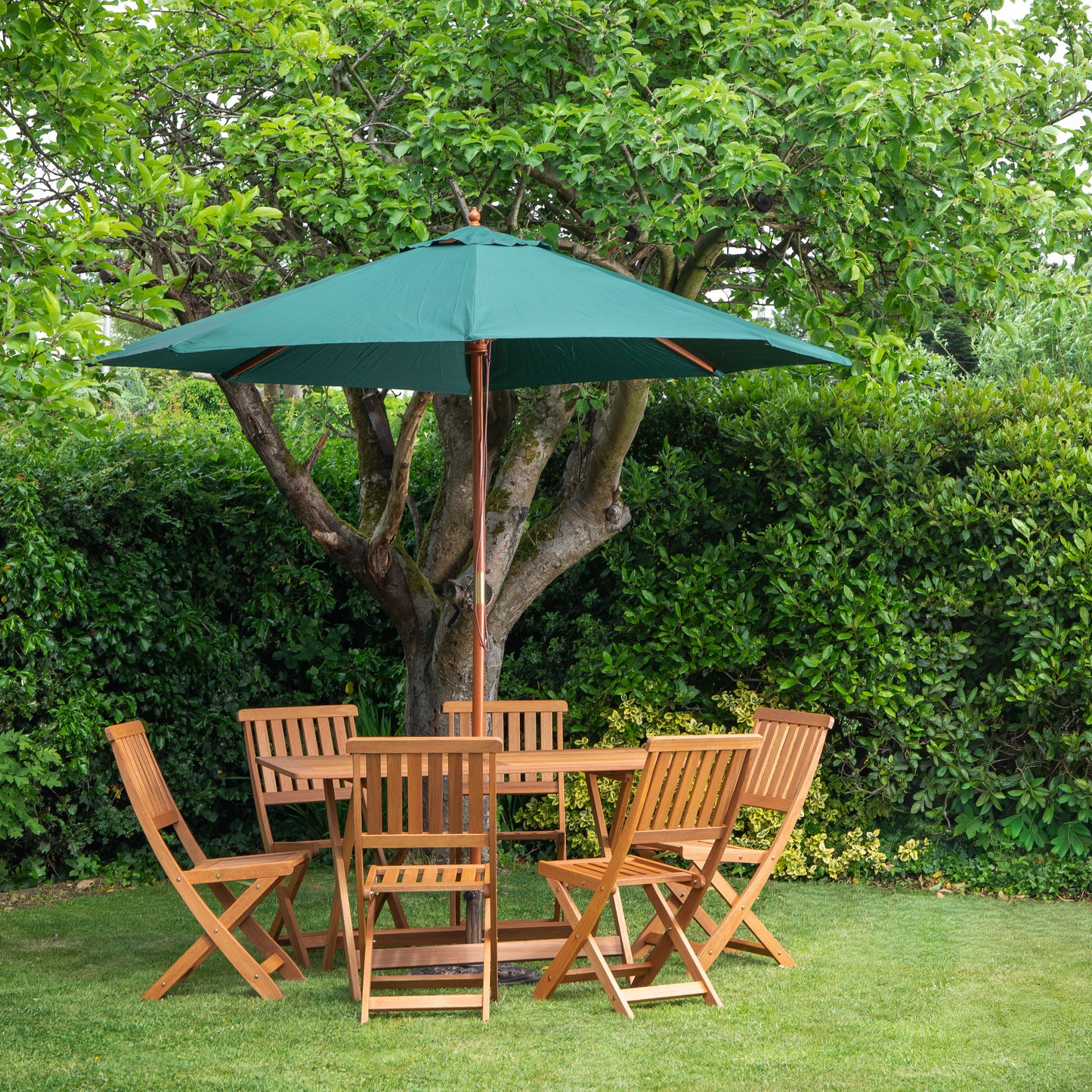 Outdoor 6 Person Folding Rectangular Wooden Garden Dining Table Chairs Parasol and Base set
