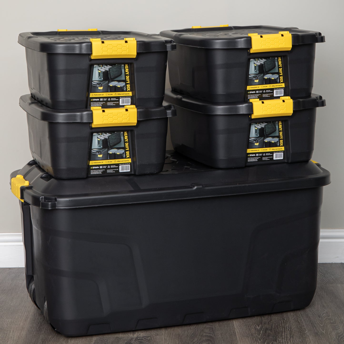 1 x 145L & 4 x 24L Heavy Duty Lockable & Stackable Storage Tub Chest with Clips