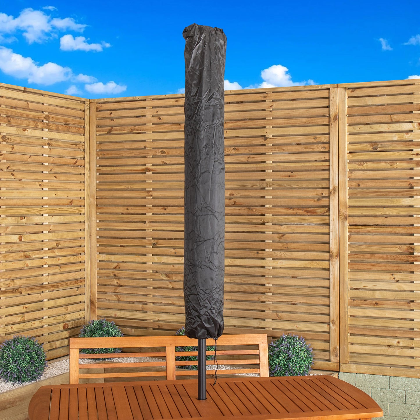 Outdoor 4 Person Rectangular Wooden Garden Table, 2 Benches with Beige Havana Parasol & Base