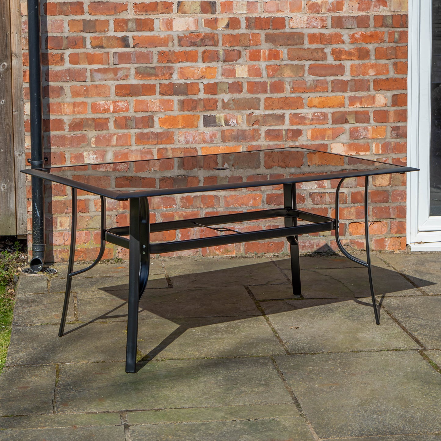 Outdoor 4 Person Rectangular Glass Top Garden Dining Table Chairs With Grey Havana Parasol & Base