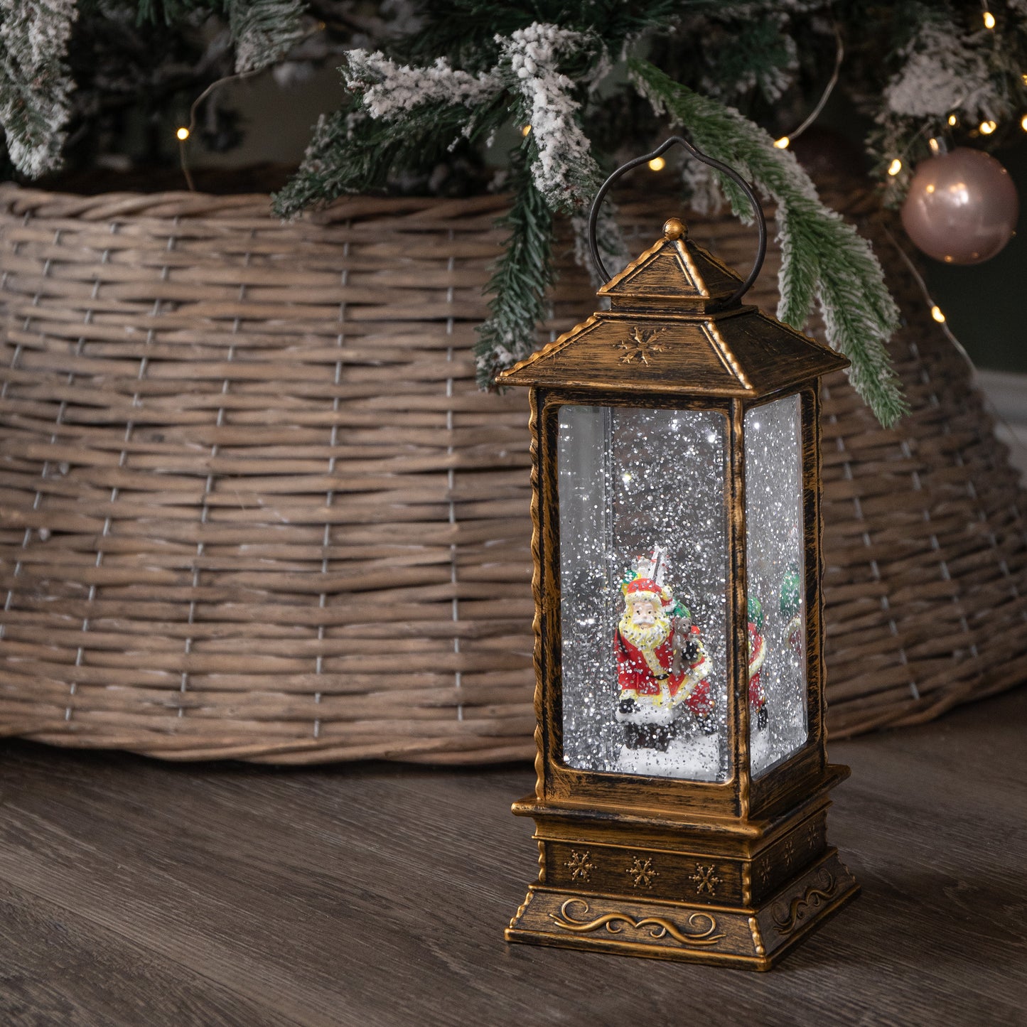 27cm Dual Powered Light up Antique Lantern Christmas Water Spinner with Santa Scene