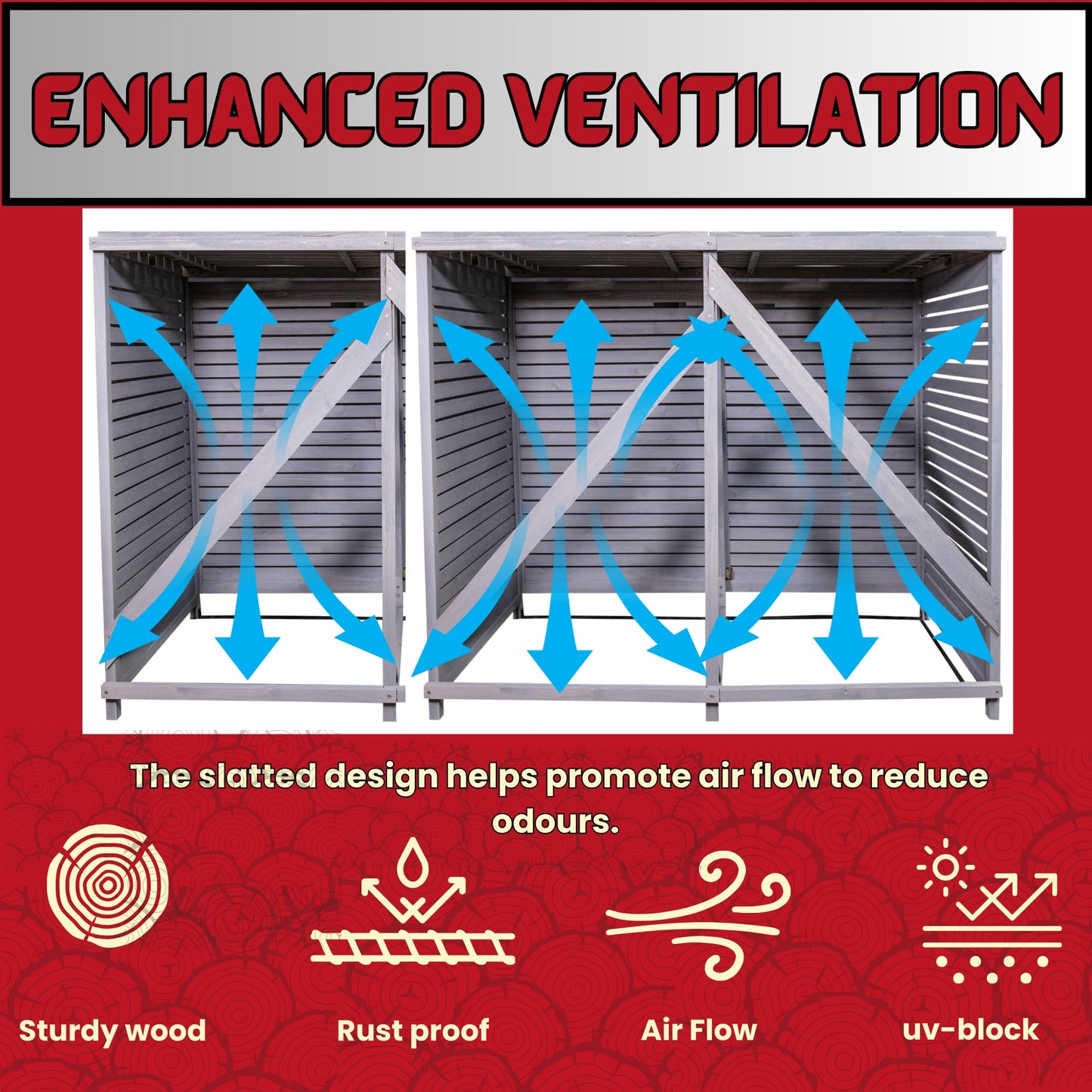 Factory Seconds 2.03m x 1.14m Large Grey Wooden Outdoor Garden Triple Wheelie Bin Store Storage for 3 Bins 