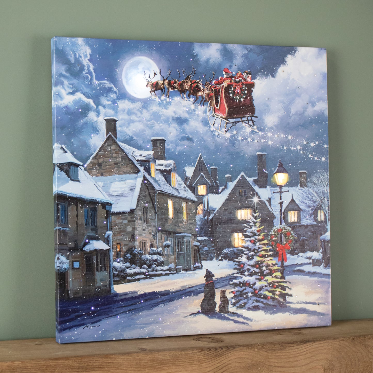 40 x 40cm Battery Operated Light up Christmas Santa & Dog Scene Wall Art with LEDs