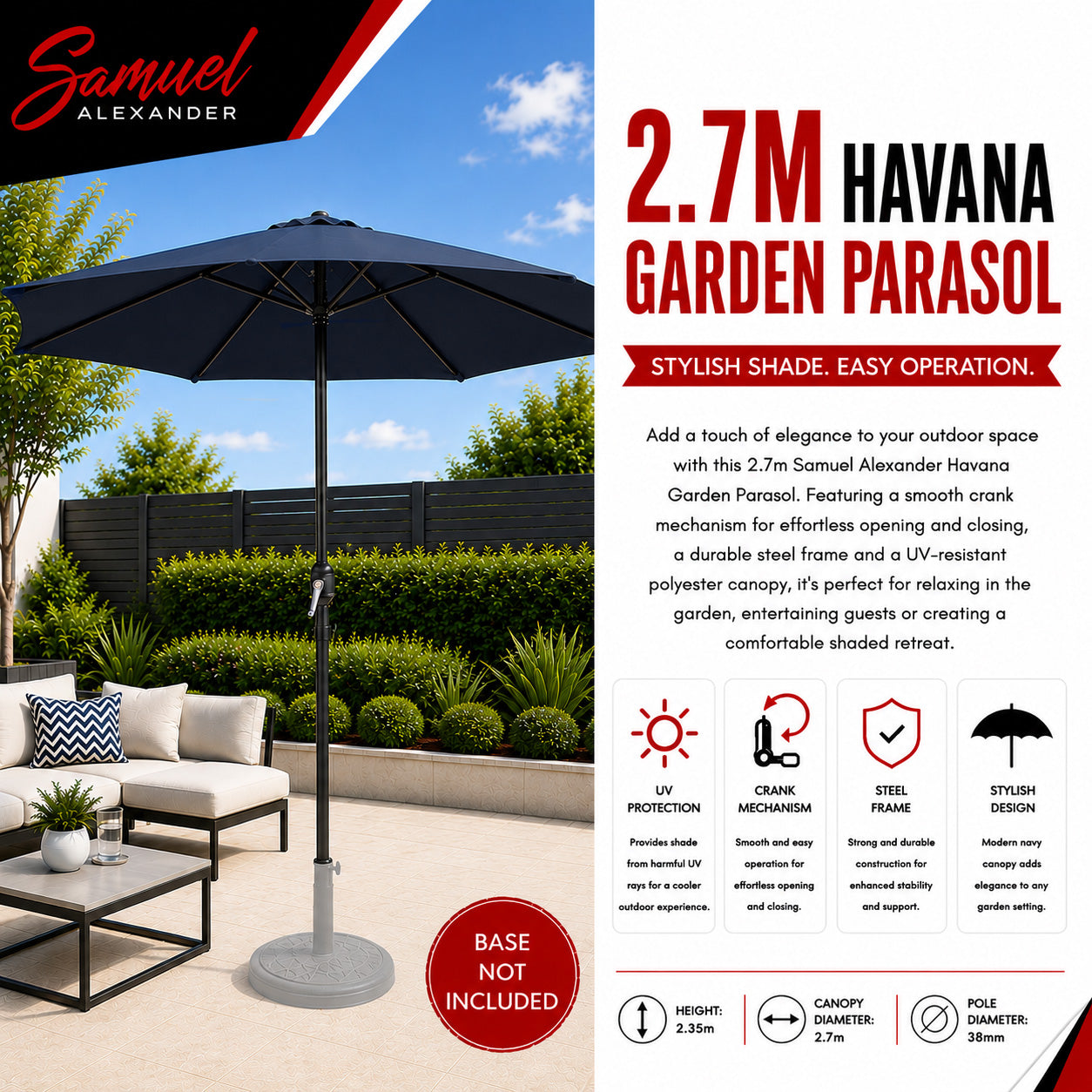 Samuel Alexander 2.7m Havana Garden Patio Parasol with Crank Handle in Blue