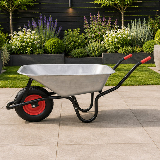 90 Litre 150kg Capacity Heavy Duty Galvanised Metal Garden Wheelbarrow with Pneumatic Tyre