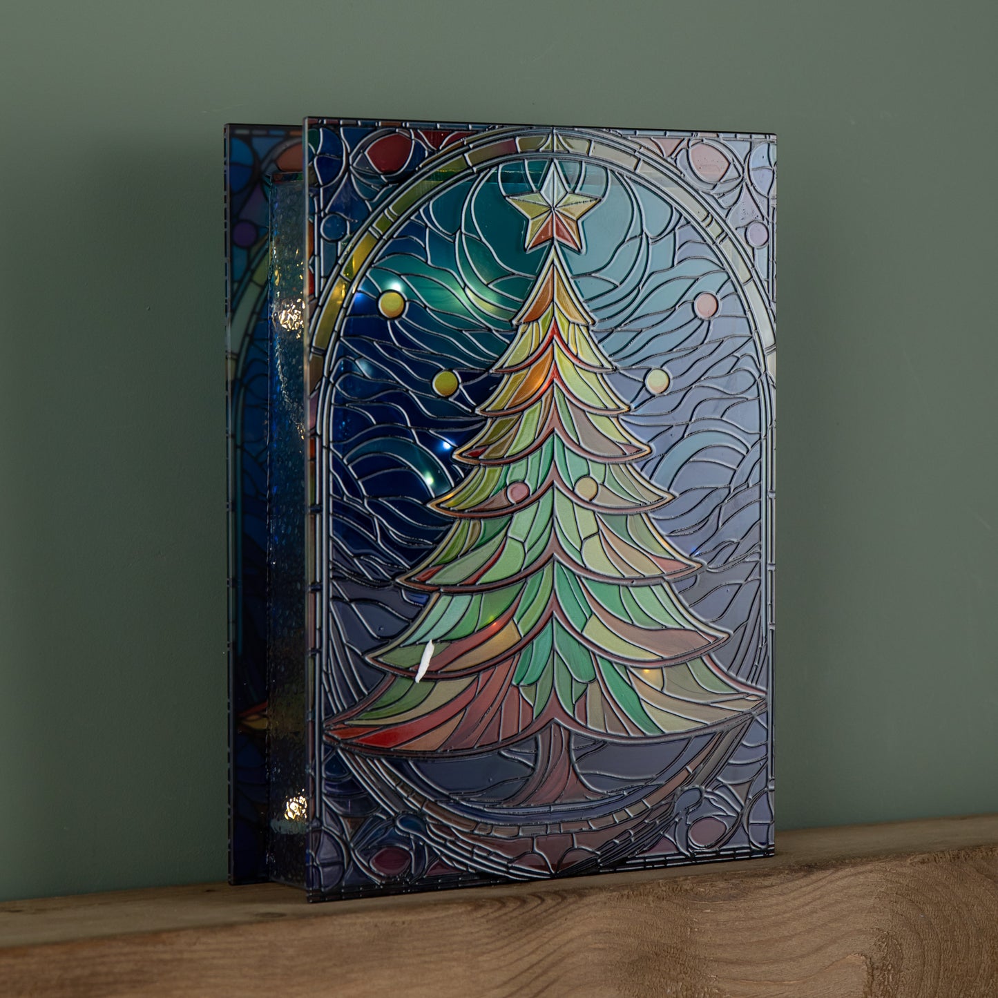 28cm Battery Operated Light up Christmas Tree Stained Glass Decoration with LEDs