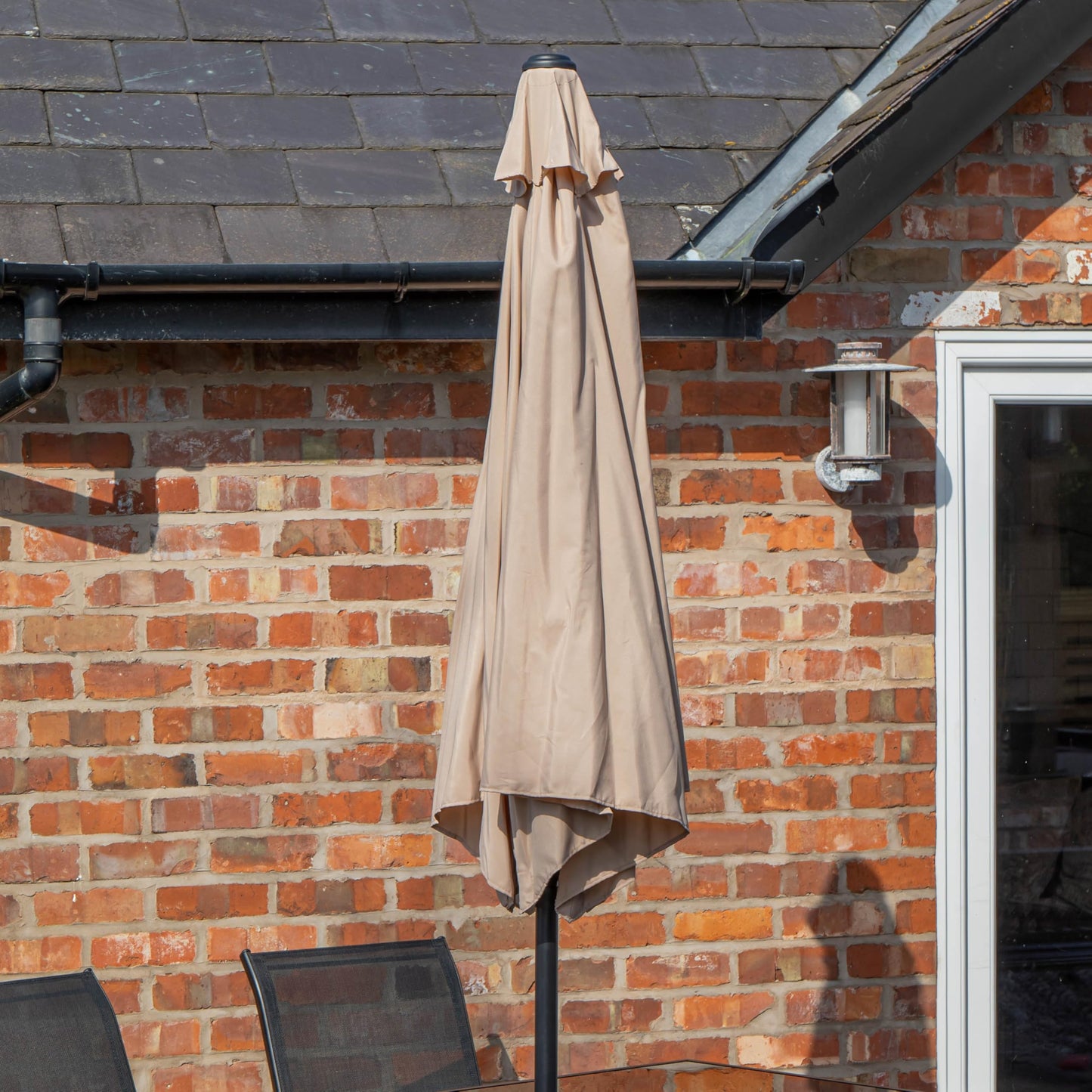 Outdoor 6 Person Rectangular Glass Top Garden Patio Dining Table Chairs With Beige Parasol and Base Set