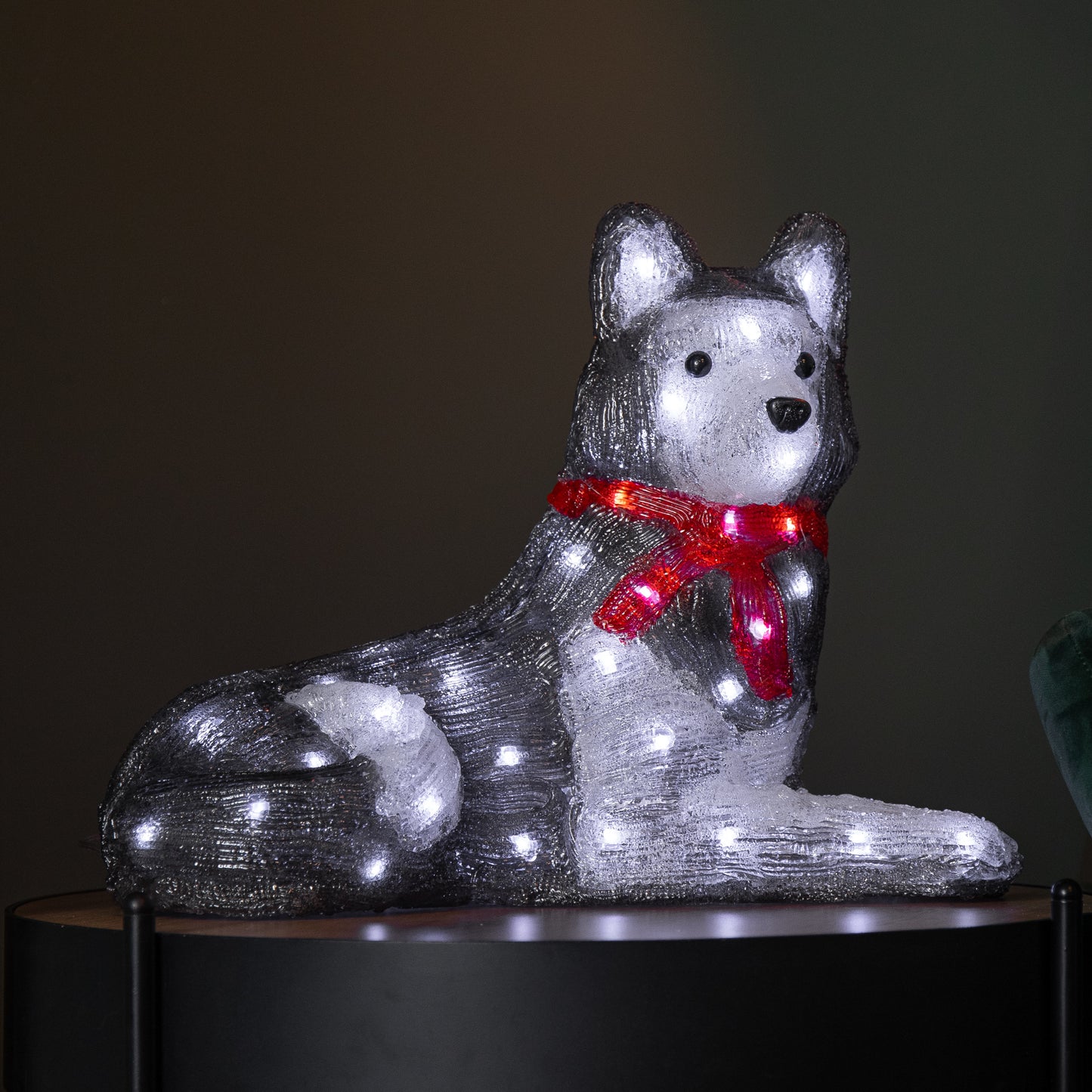 28cm Light up Acrylic Christmas Husky with Red Scarf Decoration and White LEDs