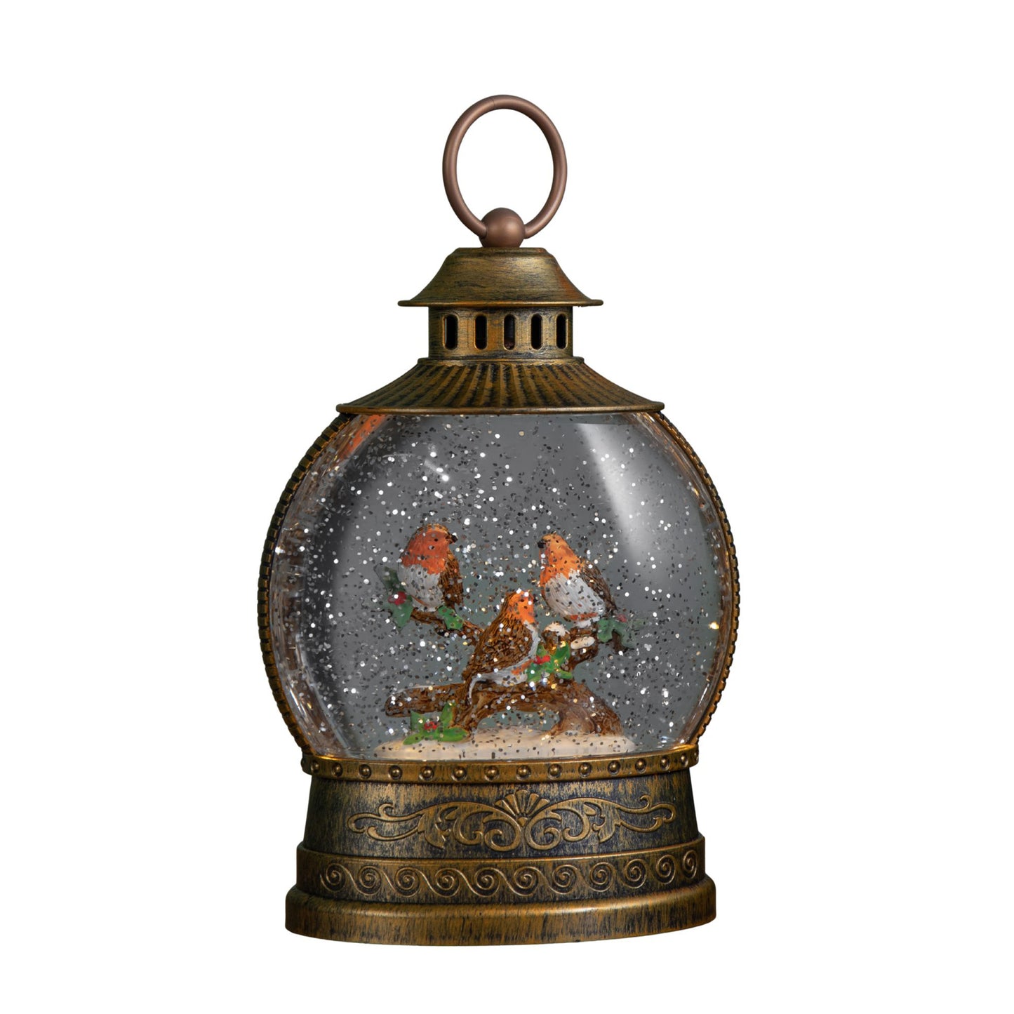 22cm Dual Powered Light up Antique Gold Christmas Robin Water Spinner with LEDs