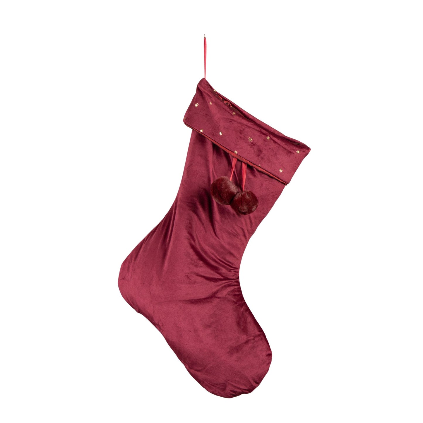 70cm Hanging Burgundy Velour Star Print Christmas Stocking with Pom Poms