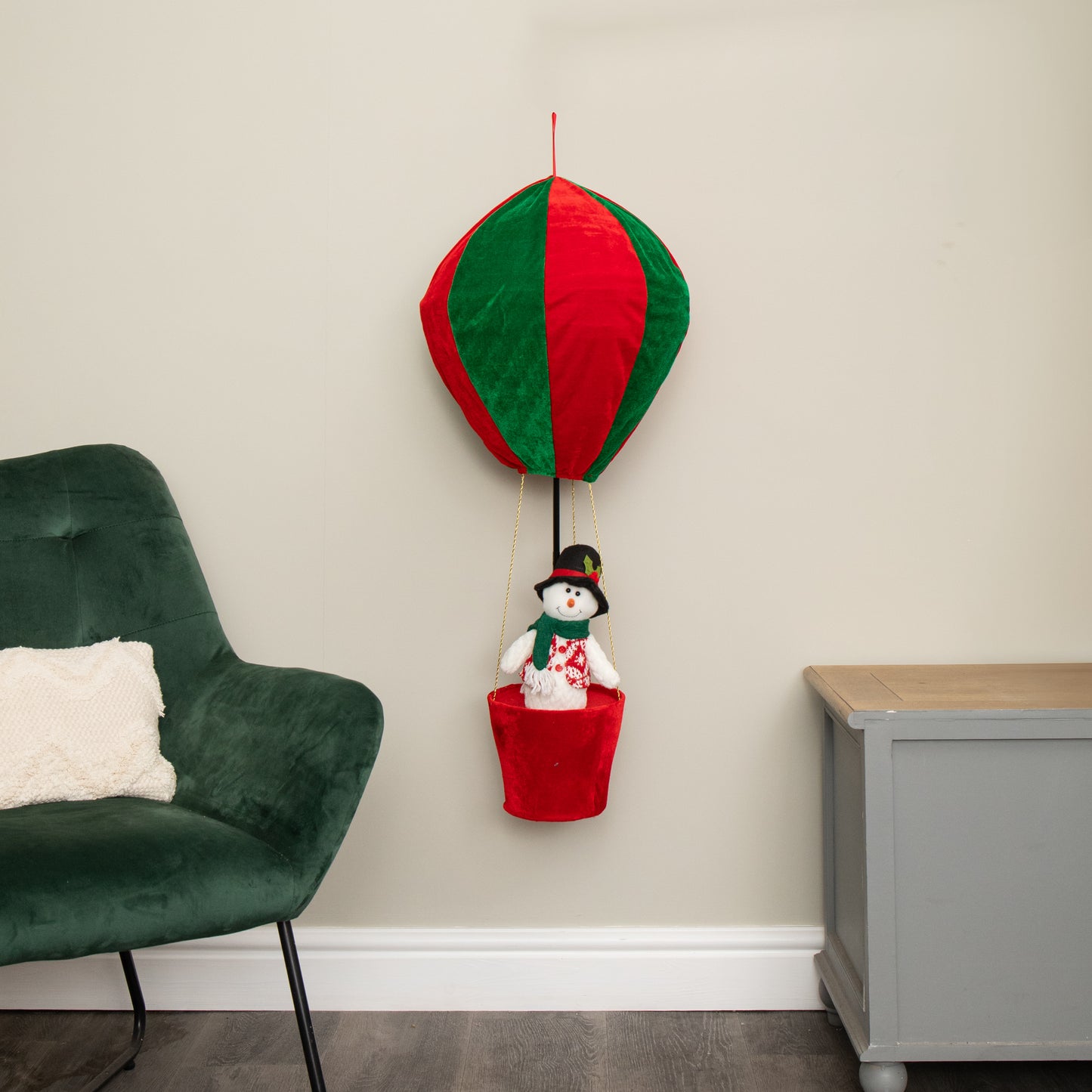 1m Tall Plush Snowman Christmas Hot Air Balloon with Extension Pole Hanging or Table Decoration