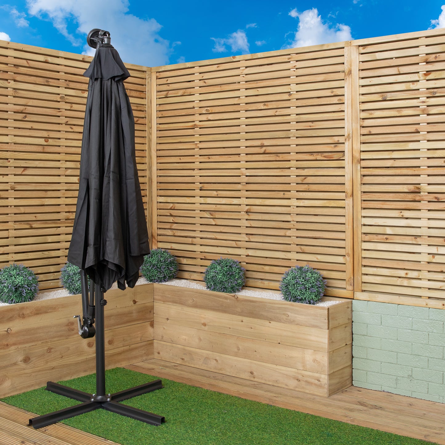 Outdoor 4 Person Round Glass Top Garden Dining Table Chairs With Black Banana Lit Parasol and Base Set