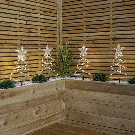 45cm Set of 4 Light up White Spiral Christmas Tree Garden Path Lights with 100 Warm White LEDs