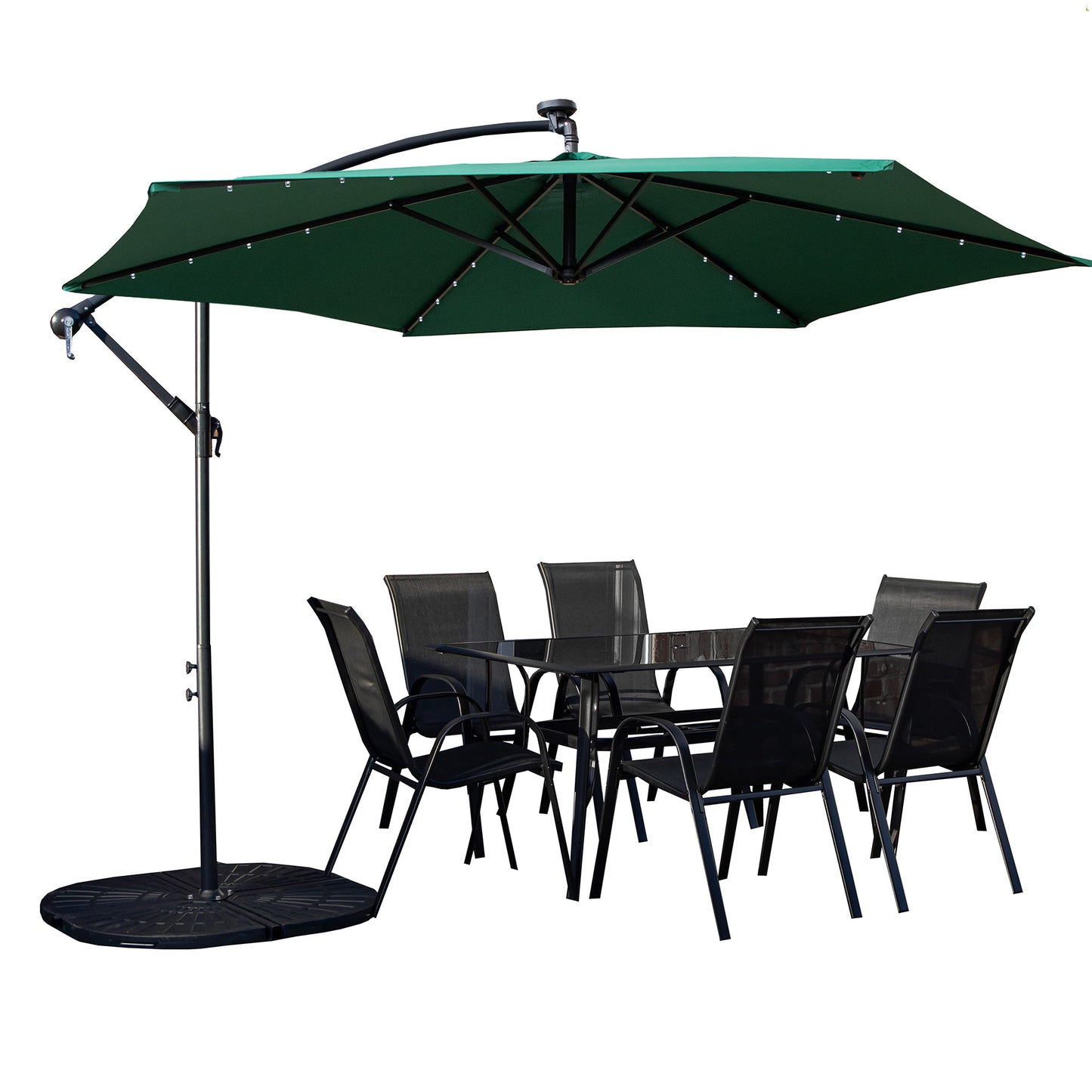 Outdoor 6 Person Rectangular Glass Top Garden Dining Table Chairs With Green Banana Lit Parasol and Base
