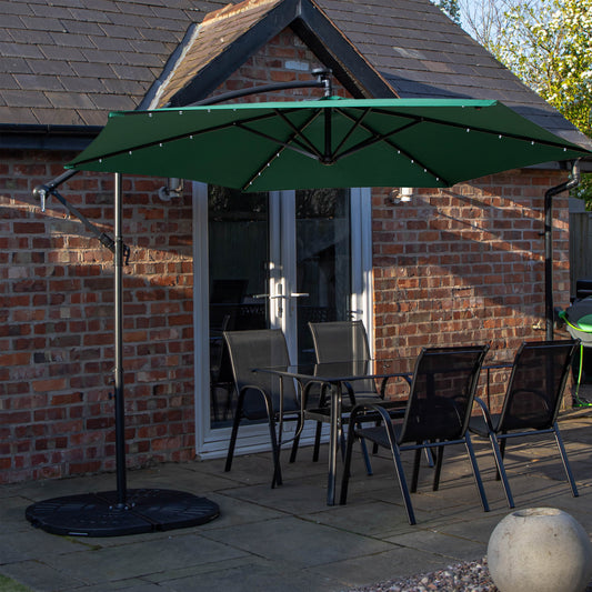 Outdoor 4 Person Rectangular Glass Top Garden Dining Table Chairs With Green Banana Lit Parasol and Base