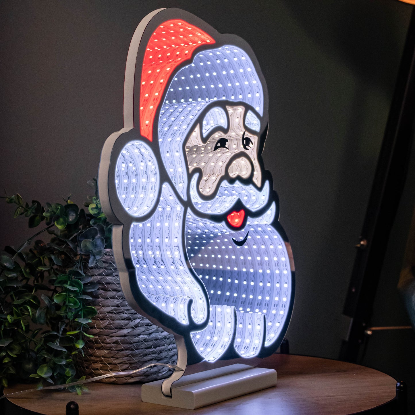 40cm Infinity Santa's Head Christmas Decoration on Wooden Base with Red & White LEDs 