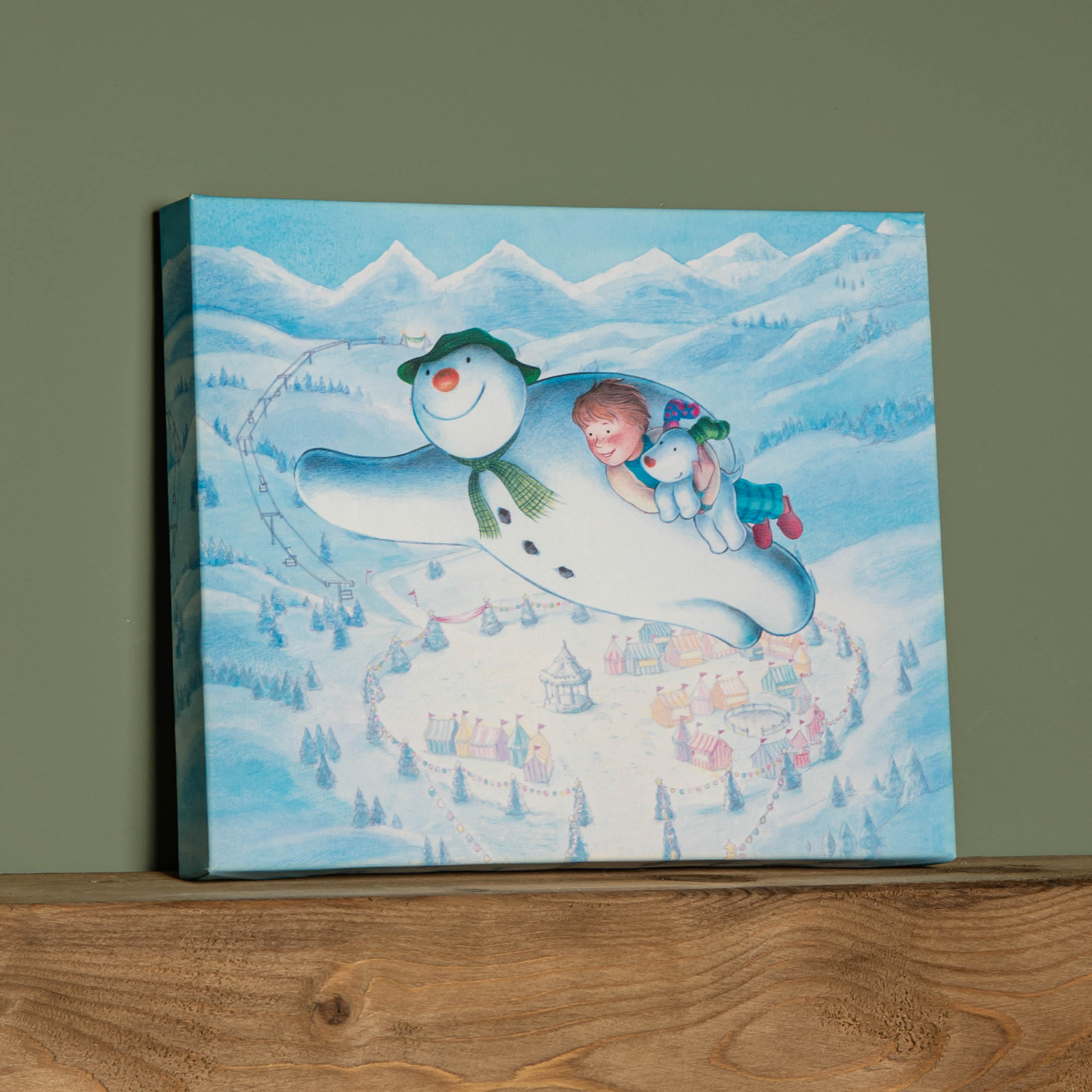 Battery Operated 25x30cm Colour Change LED Snowman Billy & Snowdog Flying Canvas Wall Art