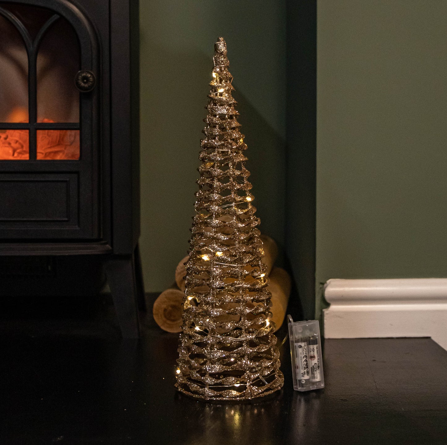 Set of 3 Gold Glitter Twist Christmas Cone Trees with 90 Warm White LEDs 