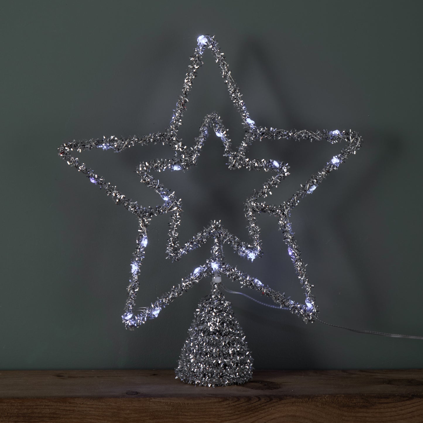 28cm Battery Powered Silver Christmas Star Tree Topper with White Multi-Action LEDs