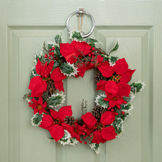40cm Red Hanging Christmas Poinsettia Wreath with Berries and Pinecones