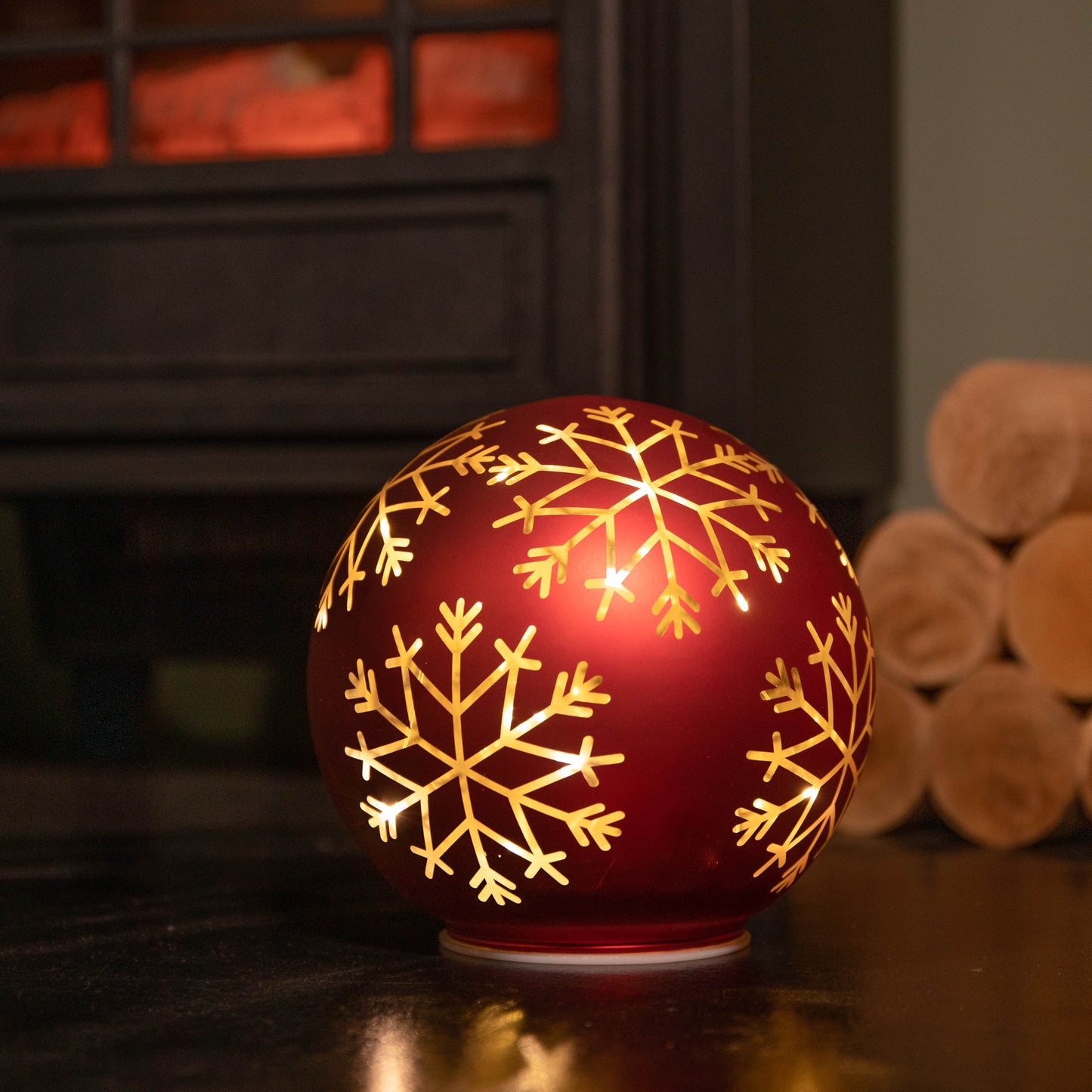 15cm Battery Operated Light up Snowflake Glass Ball in Red with Warm White LEDs