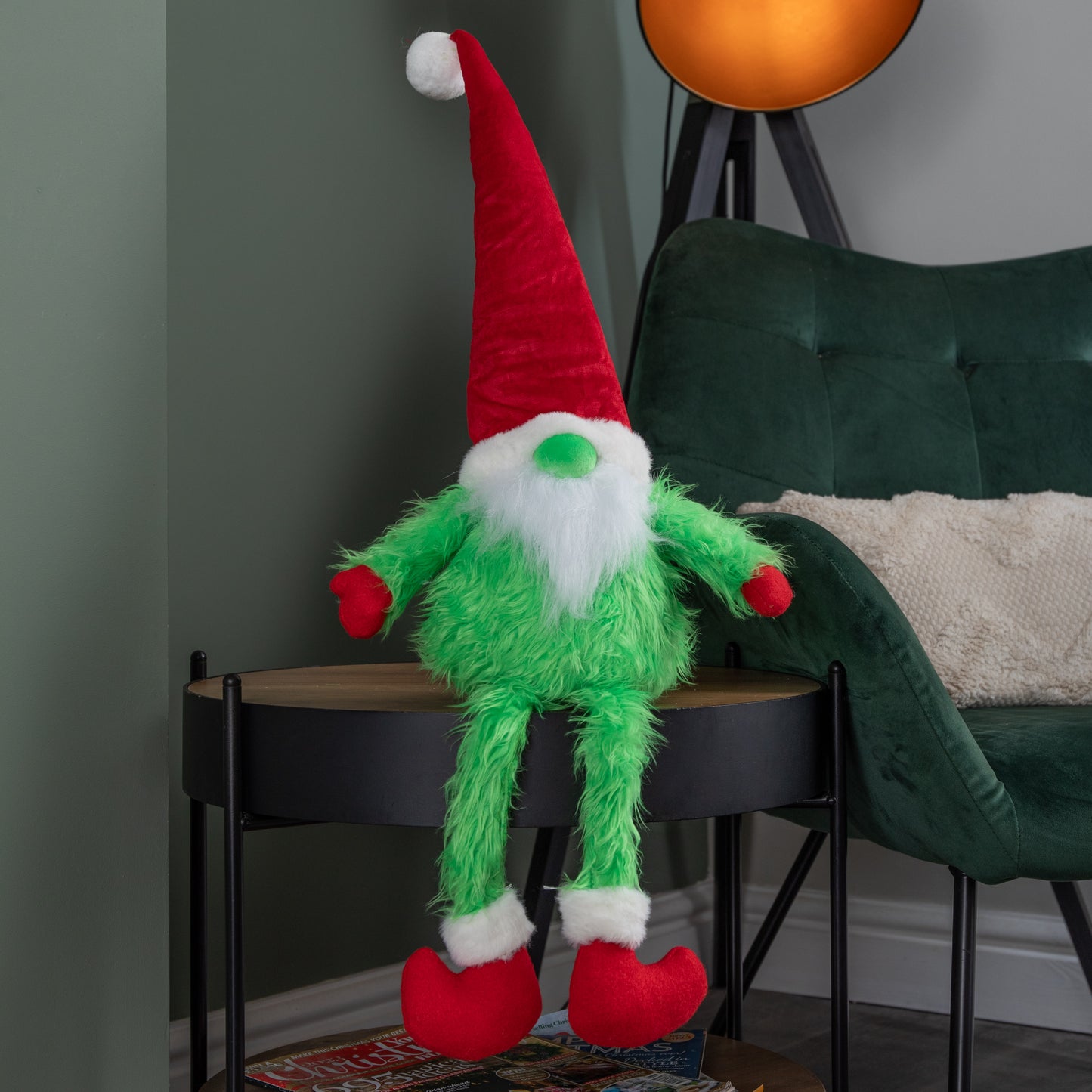 35cm Soft Green Fur Christmas Sitting Gronk Decoration with Santa Hat