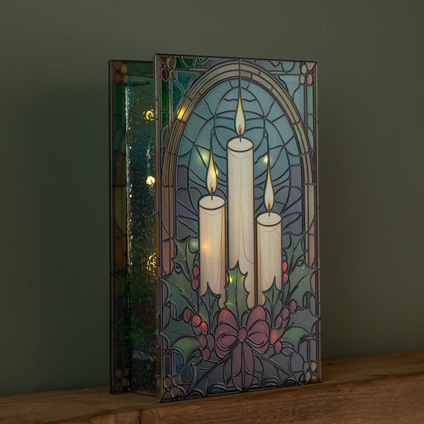21cm Battery Operated Light up Stained Glass Christmas Decoration with Candles & Holly with Warm White LEDs