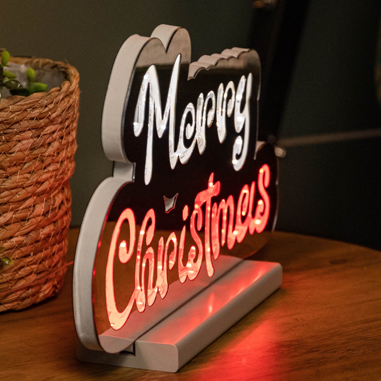 32cm Infinity Merry Christmas on Wooden Base with Red and White LEDs