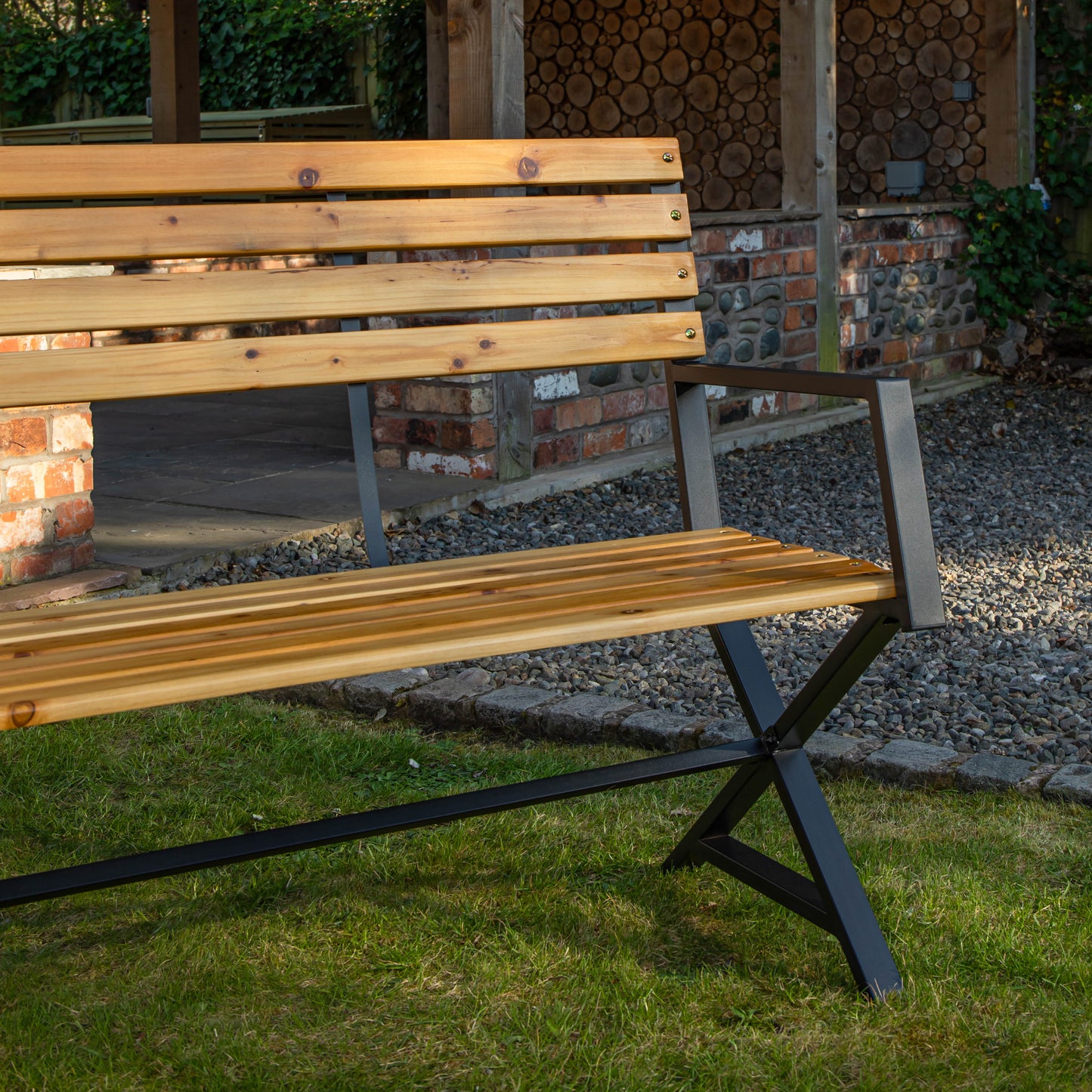 Factory Seconds: Kendal 2 Person Outdoor Modern Cross Design Metal Wooden Garden Patio Bench