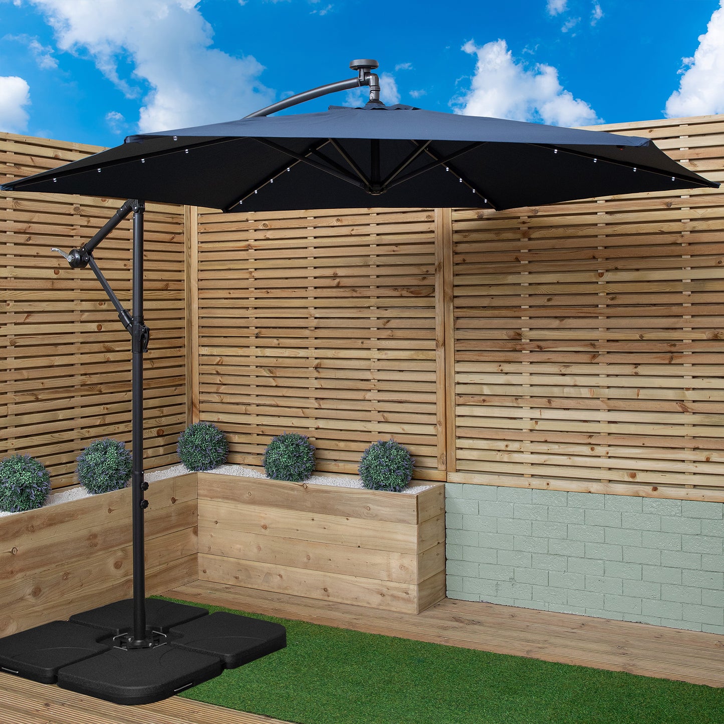 3m Solar Powered Lit Banana Cantilever Garden Parasol with LEDs & Base Weights Included in Blue