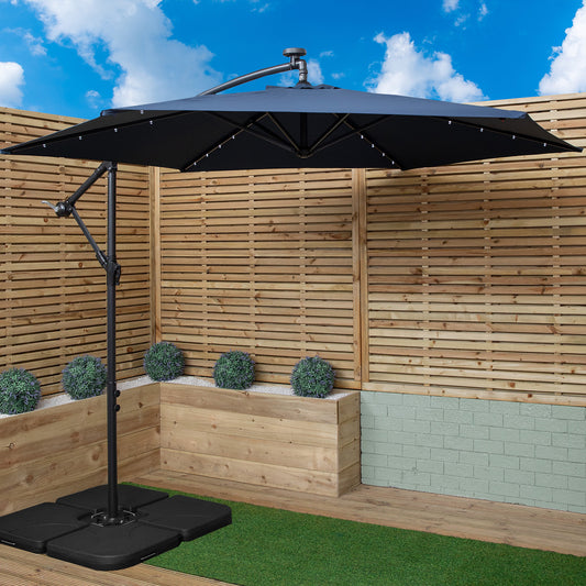 3m Solar Powered Lit Banana Cantilever Garden Parasol with LEDs & Base Weights Included in Blue