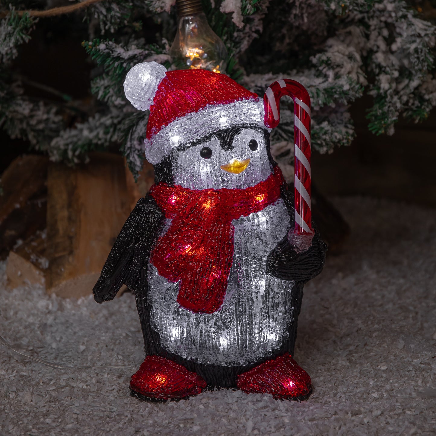 30cm Light up Acrylic Christmas Penguin with Candy Cane Decorations & White LEDs