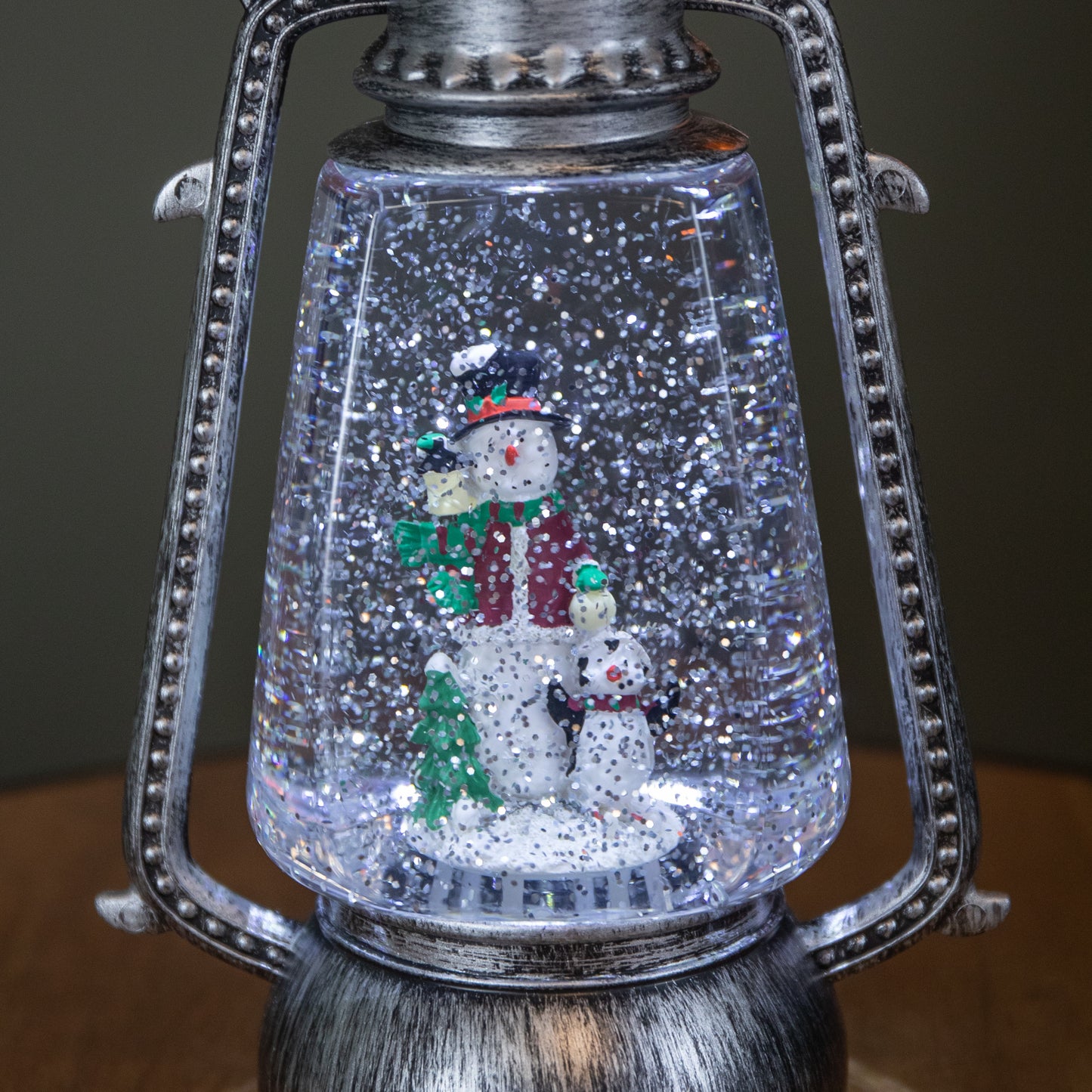 24cm Dual Powered Light up Silver Antique Lantern Christmas Water Spinner with Snowman Scene