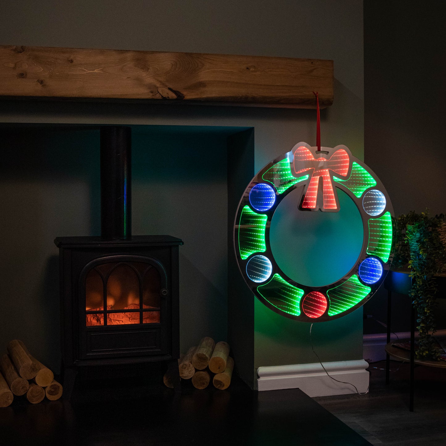 60cm Light up Hanging Christmas Wreath Infinity Mirror with Multi-Coloured LEDs