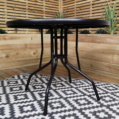 4 Person Round Black Garden Patio Table with Glass Top & Parasol Hole
