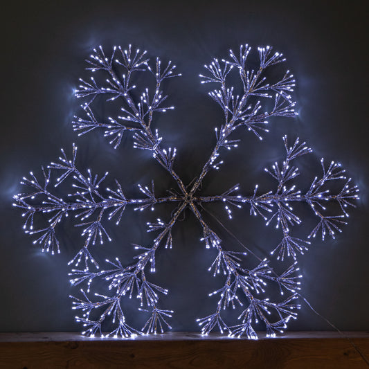 90cm Light up Silver Starburst Christmas Snowflake Hanging Decoration with 660 White LEDs