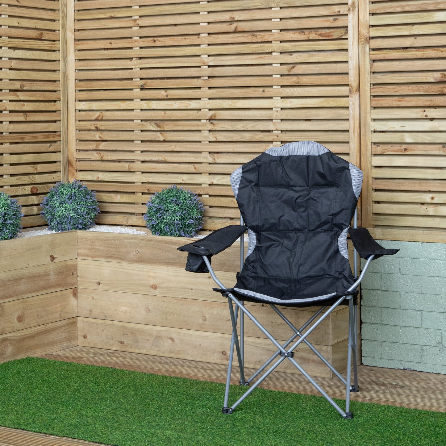 Luxury Padded High Back Outdoor Folding Chair with Cupholder in Black