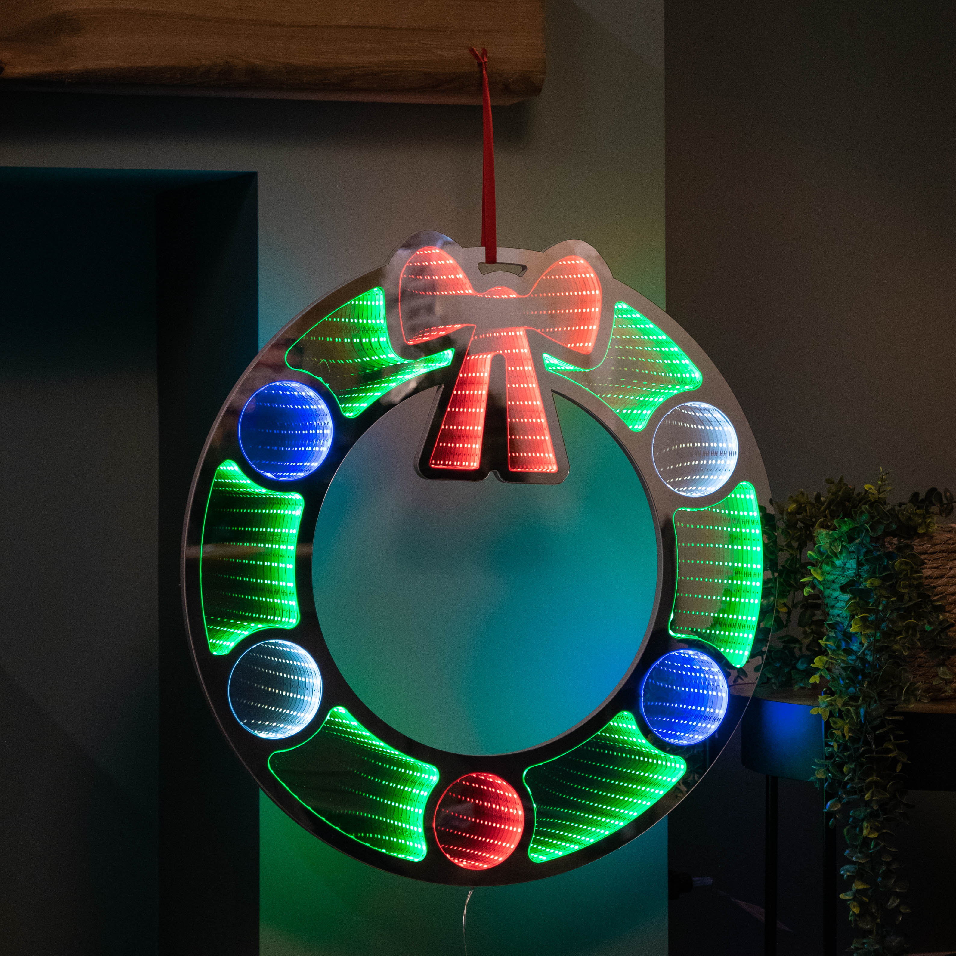 60cm Light up Hanging Christmas Wreath Infinity Mirror with Multi-Coloured LEDs