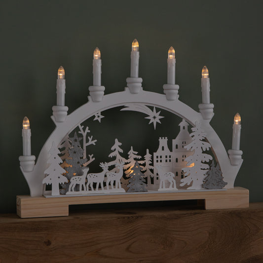 45cm Battery Operated Wooden Christmas Candle Bridge with Reindeer Scene & LEDs