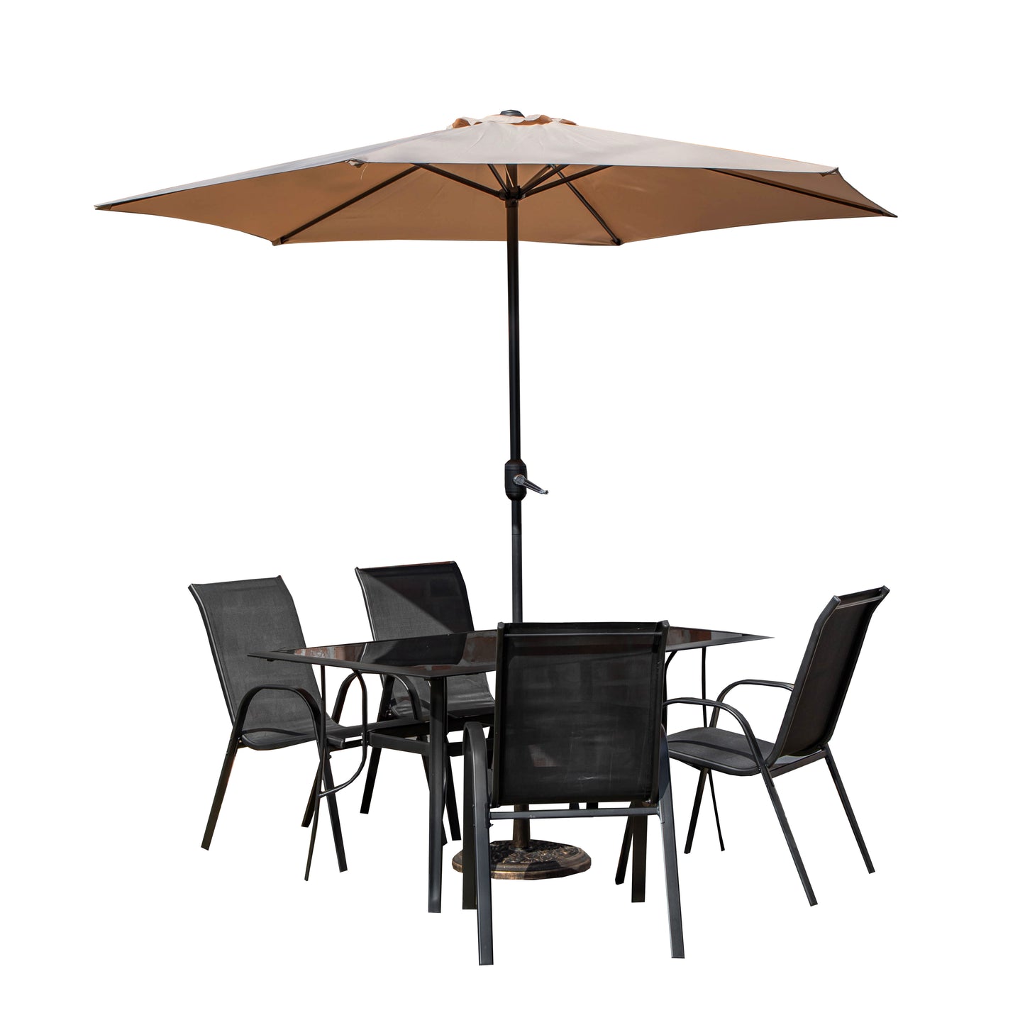 Outdoor 4 Person Rectangular Glass Top Garden Dining Table Chairs With Beige Parasol and Base Set