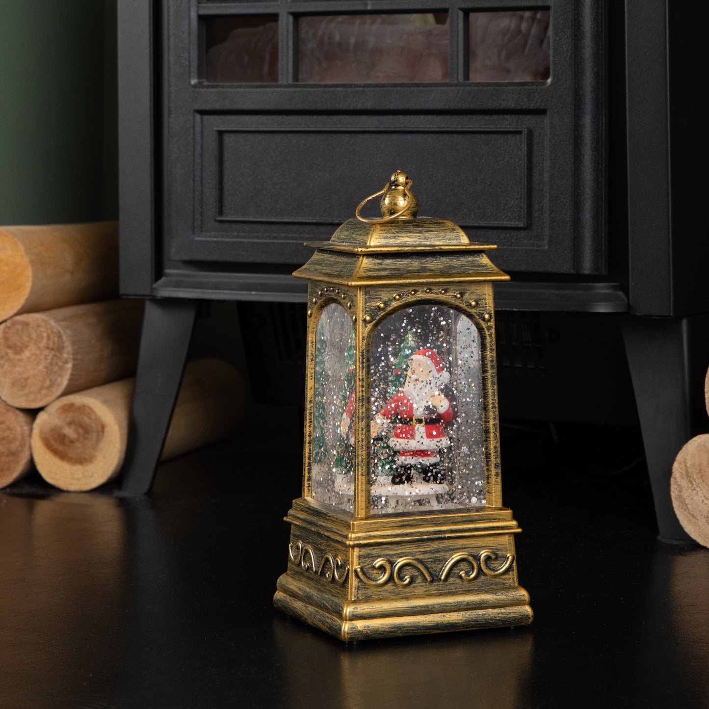 21cm Dual Powered Light up Rustic Gold Christmas Water Spinner Decoration with Santa Scene