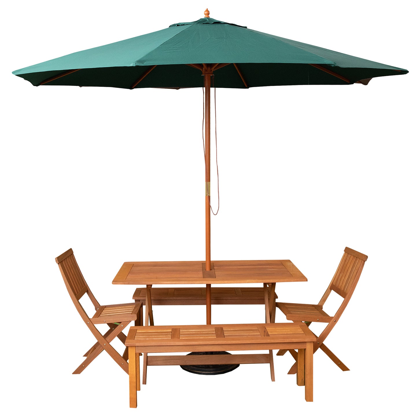 Outdoor 6 Person Rectangular Wooden Garden Dining Table, 2 Benches, Chairs with Green Parasol and Base Set