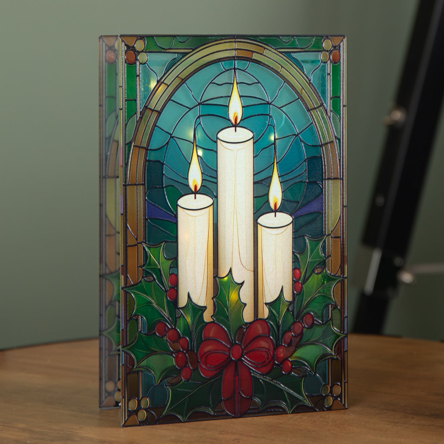 21cm Battery Operated Light up Stained Glass Christmas Decoration with Candles & Holly with Warm White LEDs