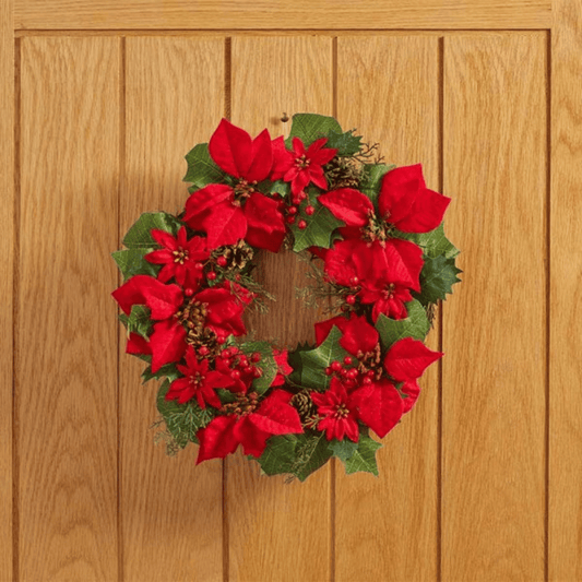 40cm Red Hanging Christmas Poinsettia Wreath with Berries and Pinecones
