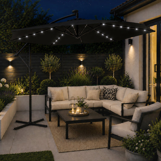 Samuel Alexander 3m Solar Powered Cantilever Lit Banana Garden Parasol with Crank Handle & White LED Lights in Black