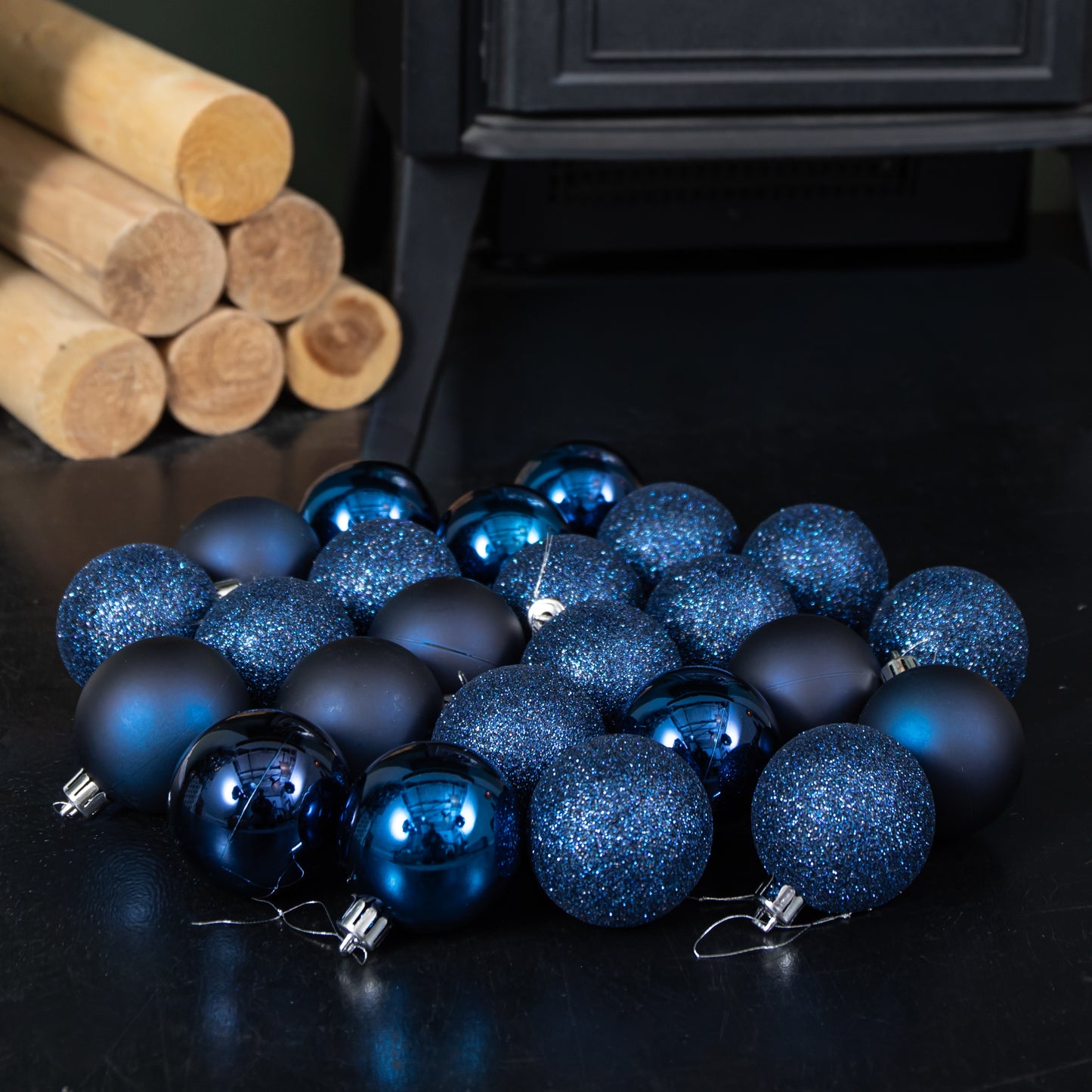 Set of 24 60mm Shatterproof Christmas Tree Baubles in Midnight Blue